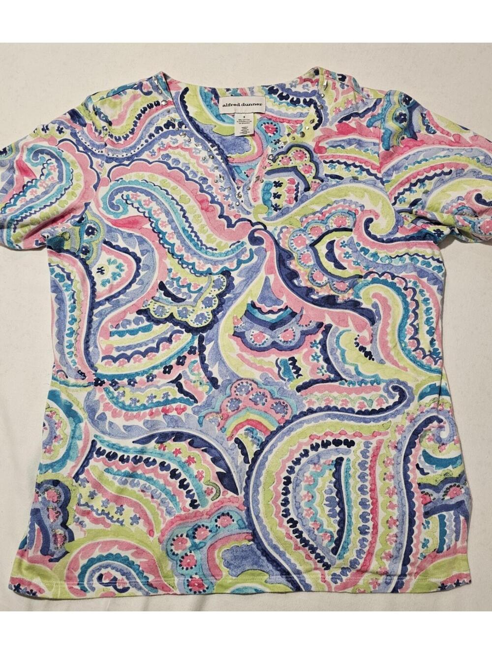 Alfred Dunner Paisley Print Embellished V-Neck Short Sleeve Top Size S